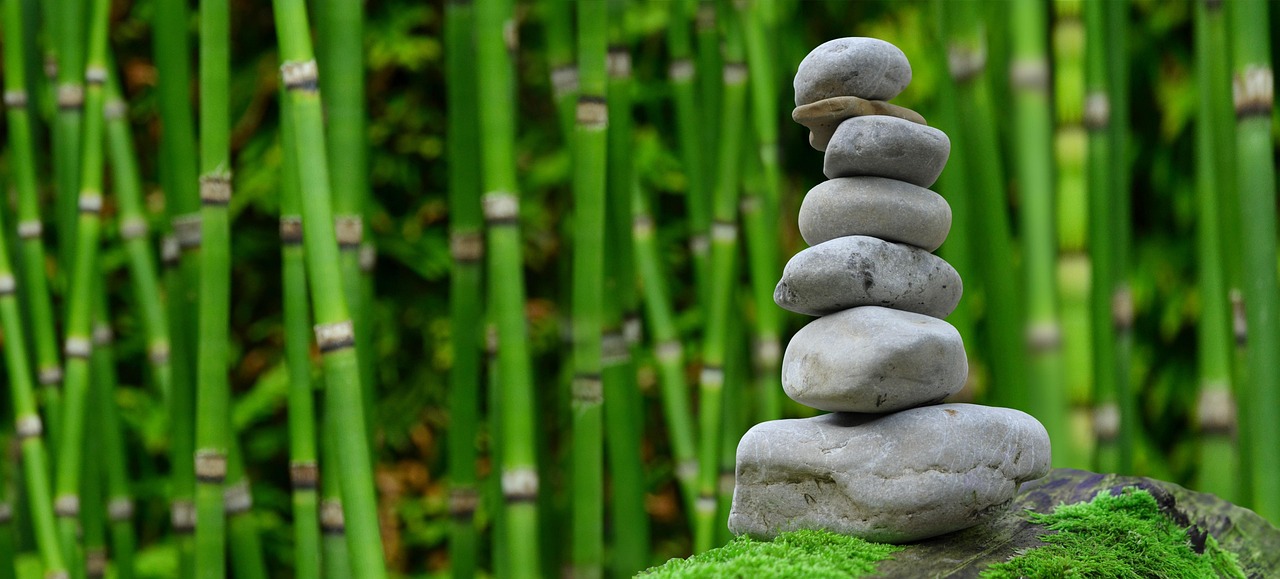 Meditatieplek met Japanse lantaarn en kastanjes.